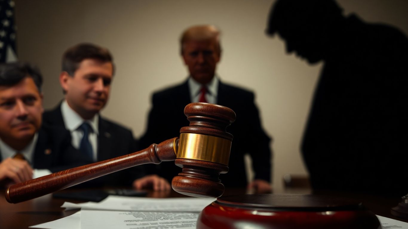 Gavel frappant des documents juridiques, figures floues de politiciens.