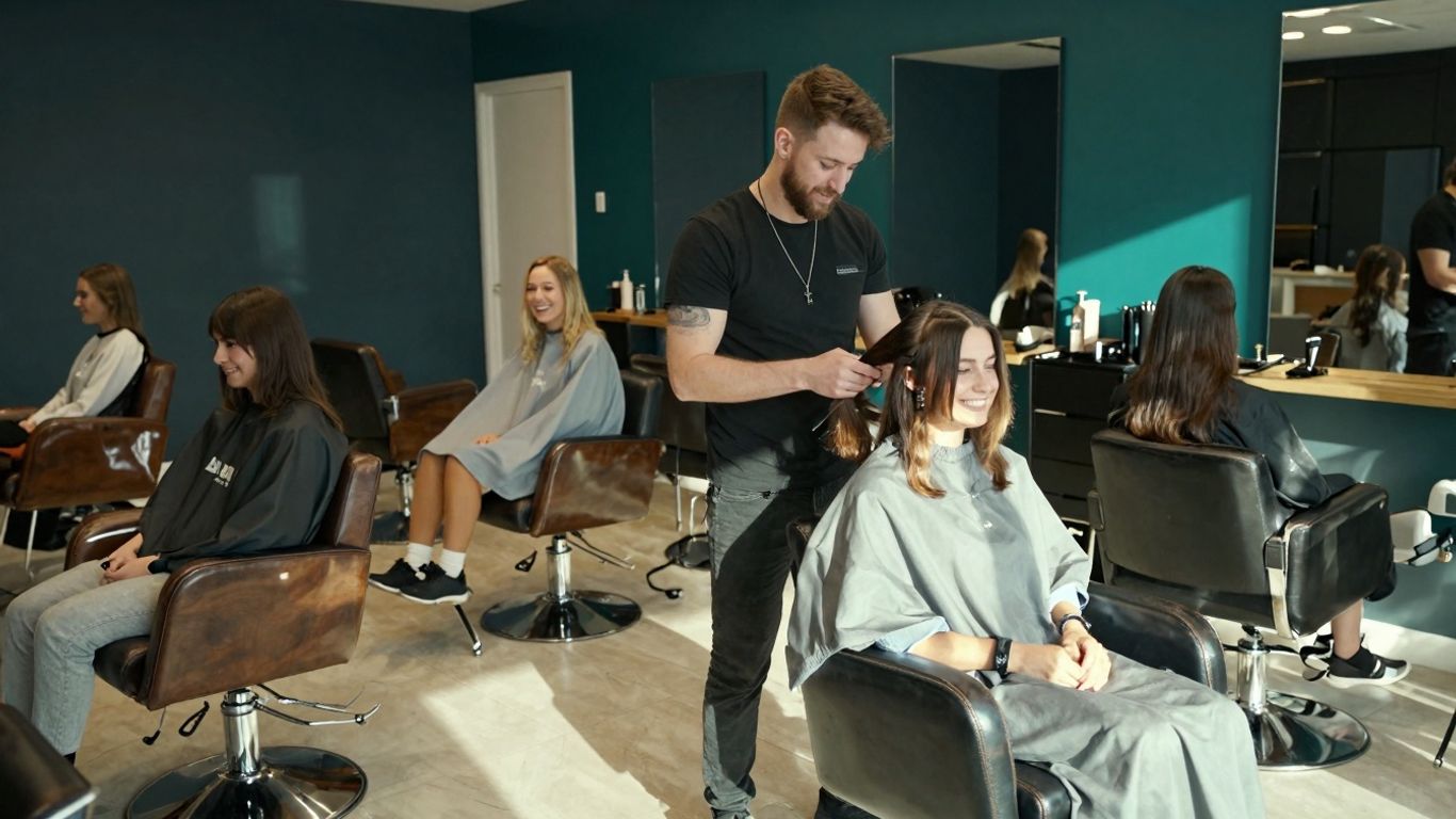 Irish hair salon with clients and stylists.
