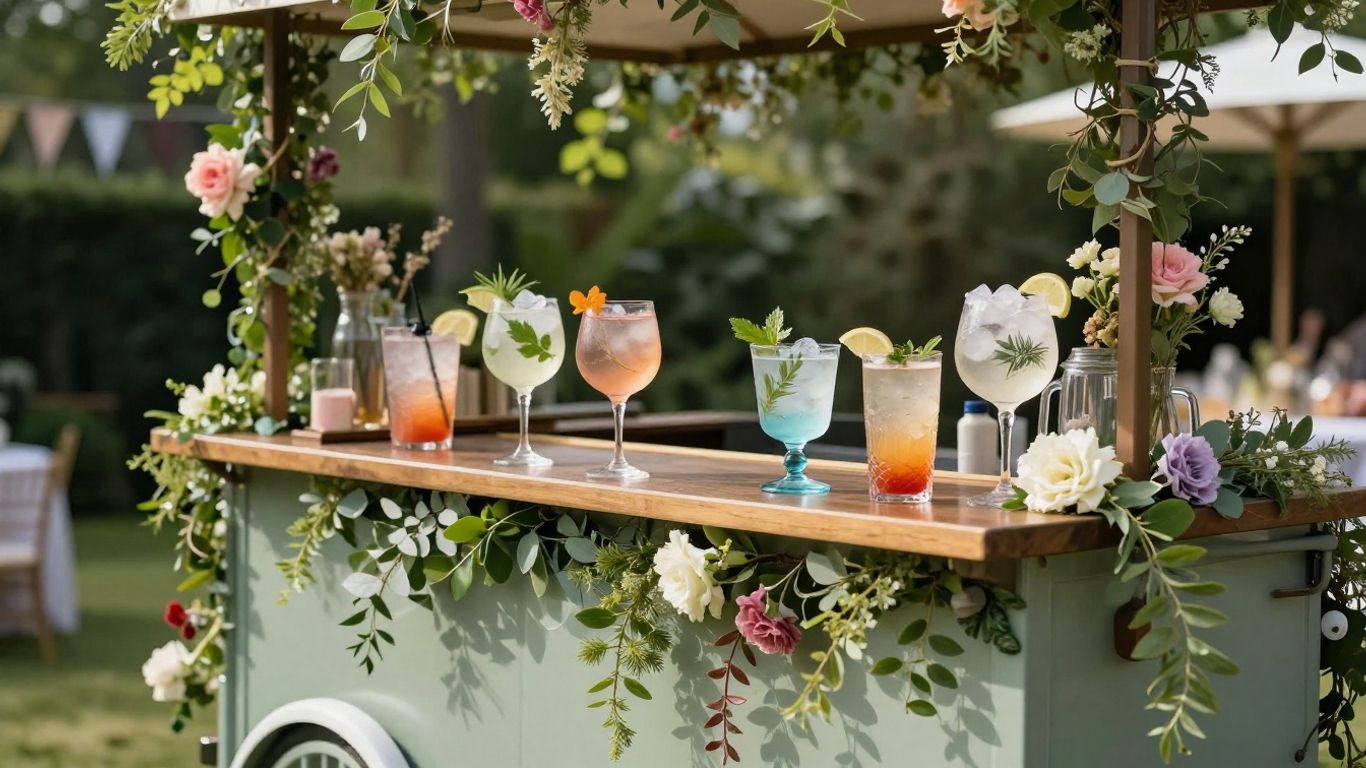 Mobile bar serving gin cocktails in a garden setting.
