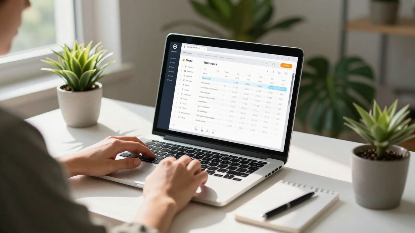 Laptop with time tracking software on a desk.