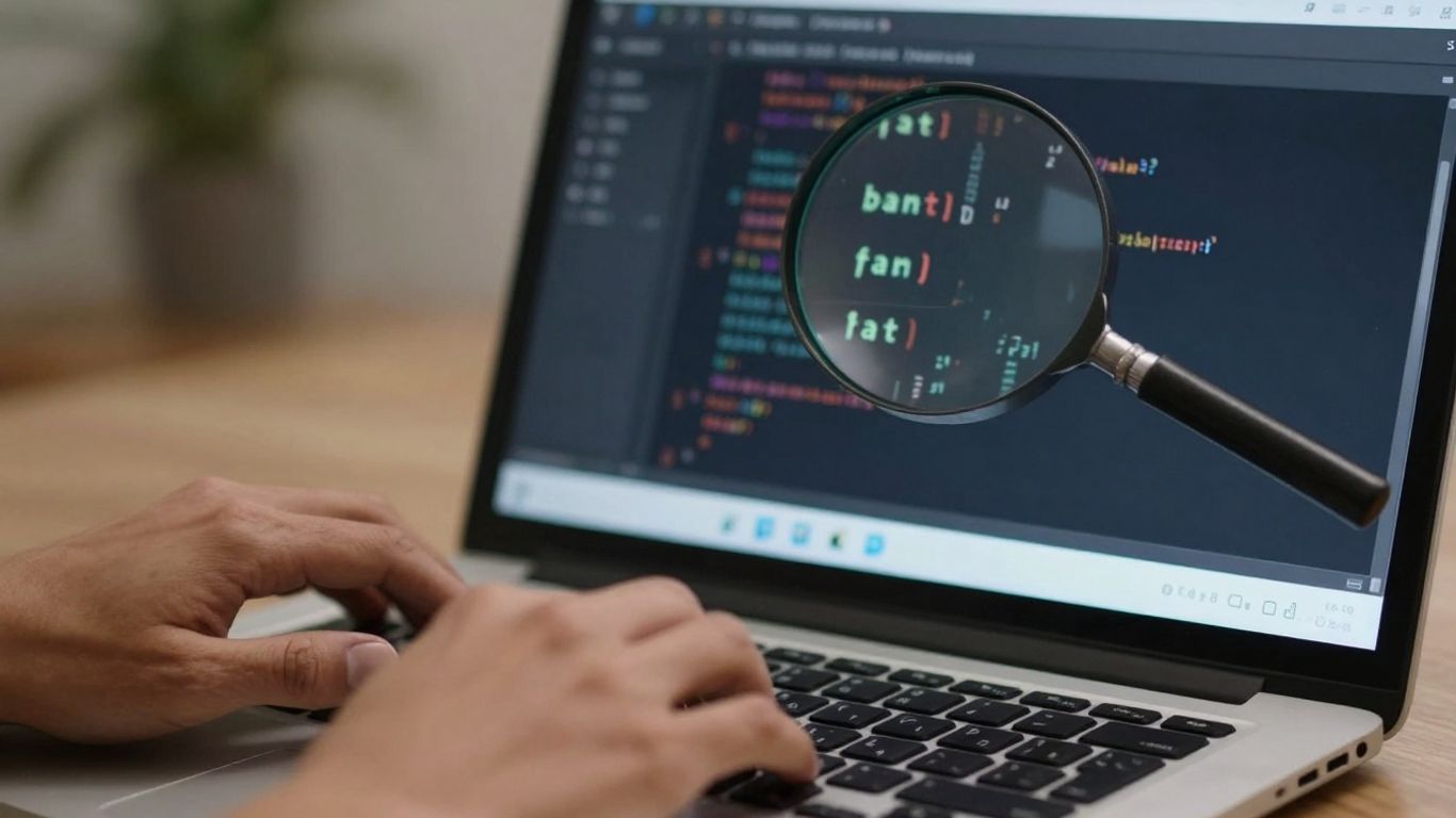 Hands typing code, magnifying glass over vulnerability.