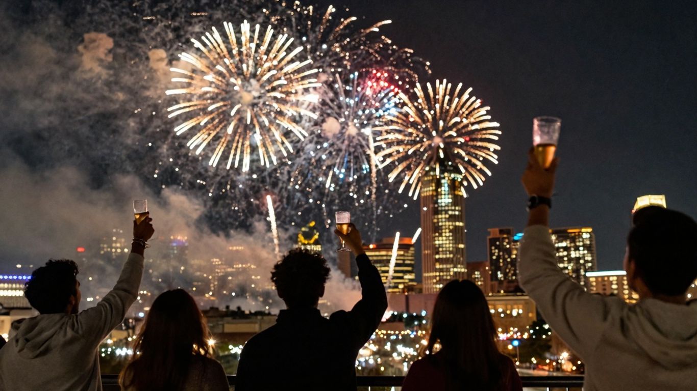 DFW New Year's Eve fireworks celebration cityscape