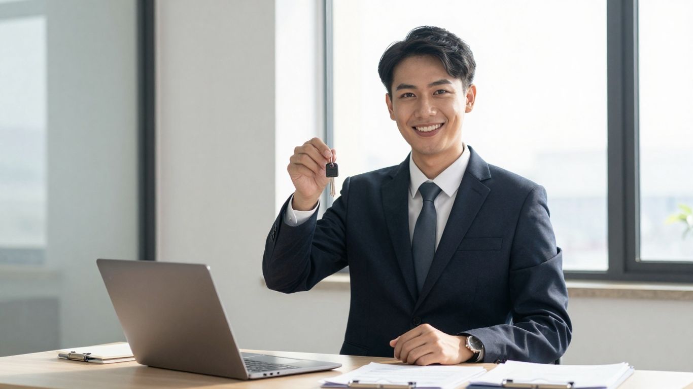 Mortgage broker holding keys in an office.