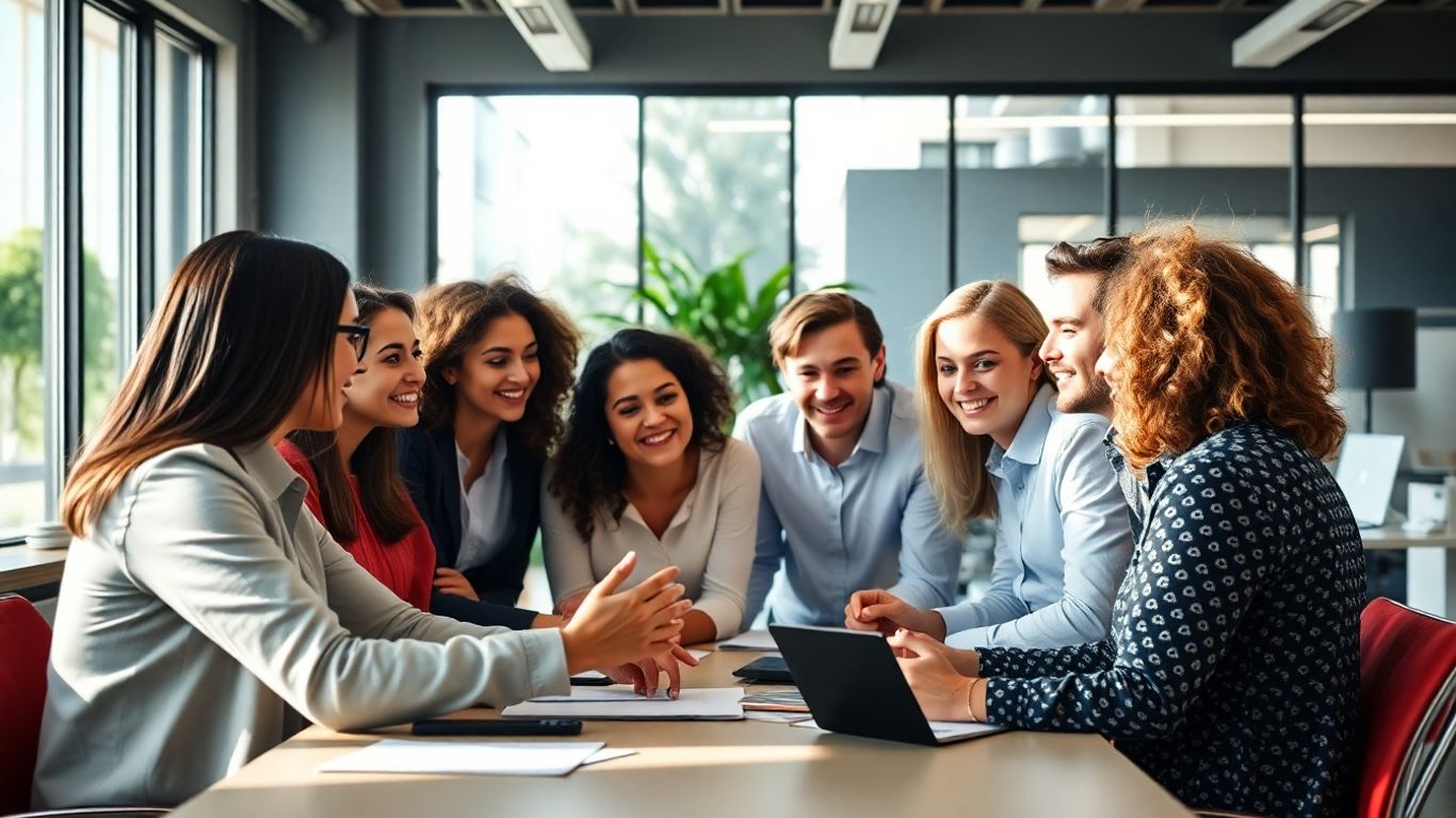 Diverse professionals collaborating in a bright office.