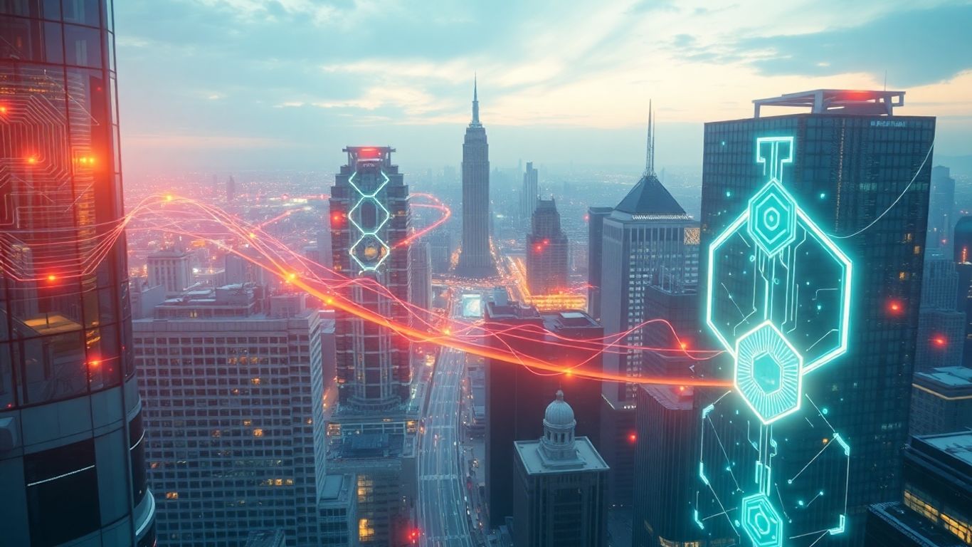 Futuristic cityscape with AI circuits and glowing lights.