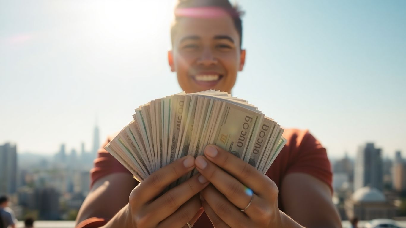 Person holding money with cityscape background