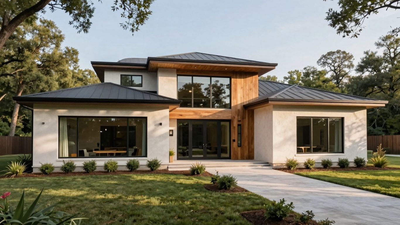 Modern custom home exterior in Dripping Springs, Texas.
