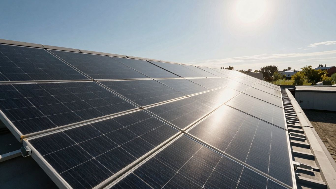 Solar panels on a roof under the sun.