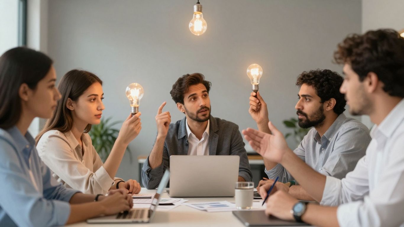 Crowdsource ideas. People collaborating, sharing ideas, with lightbulbs above heads.
