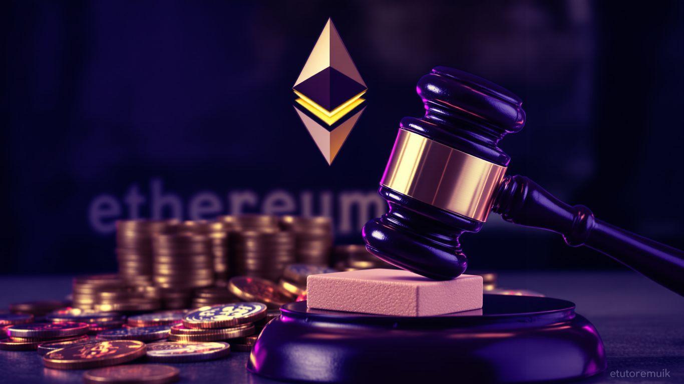 Gavel striking block near Ethereum logo and coins.