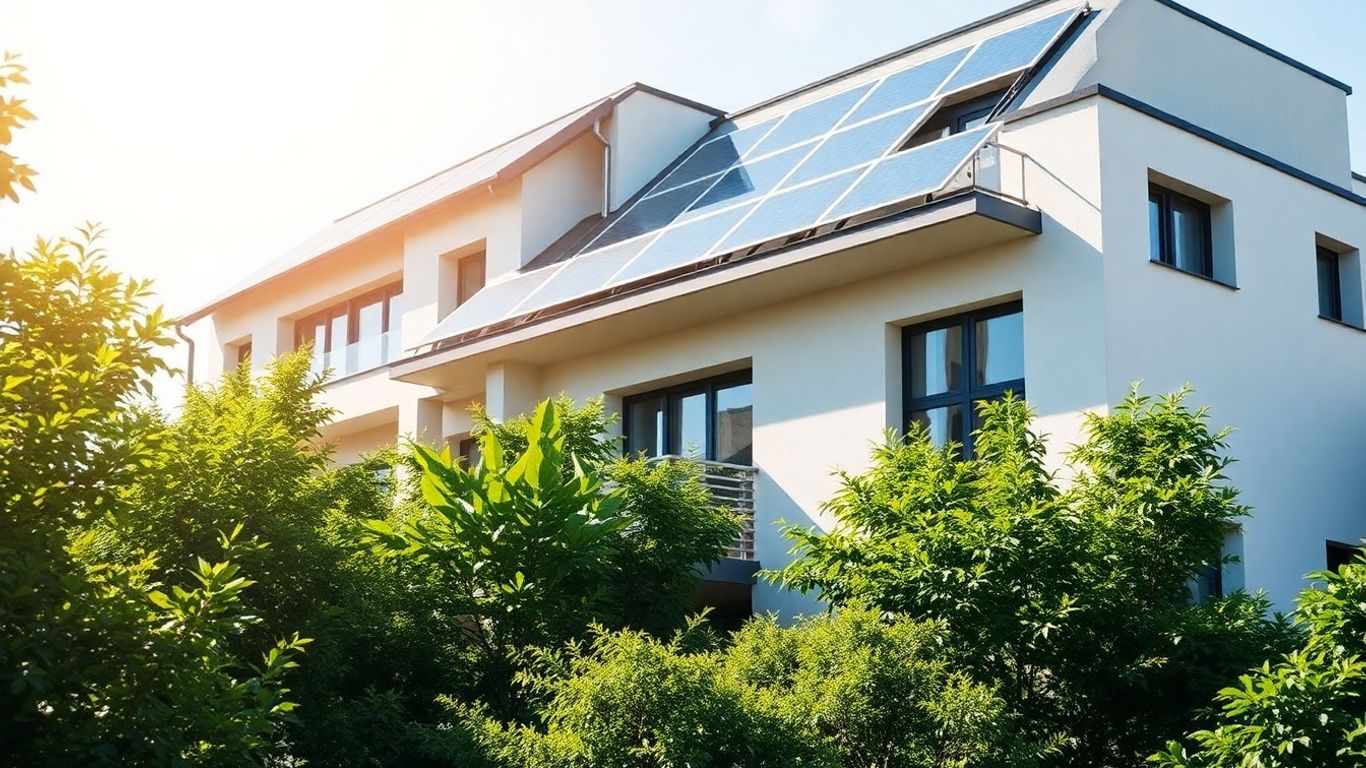 Panneaux solaires sur un bâtiment moderne sous le soleil.