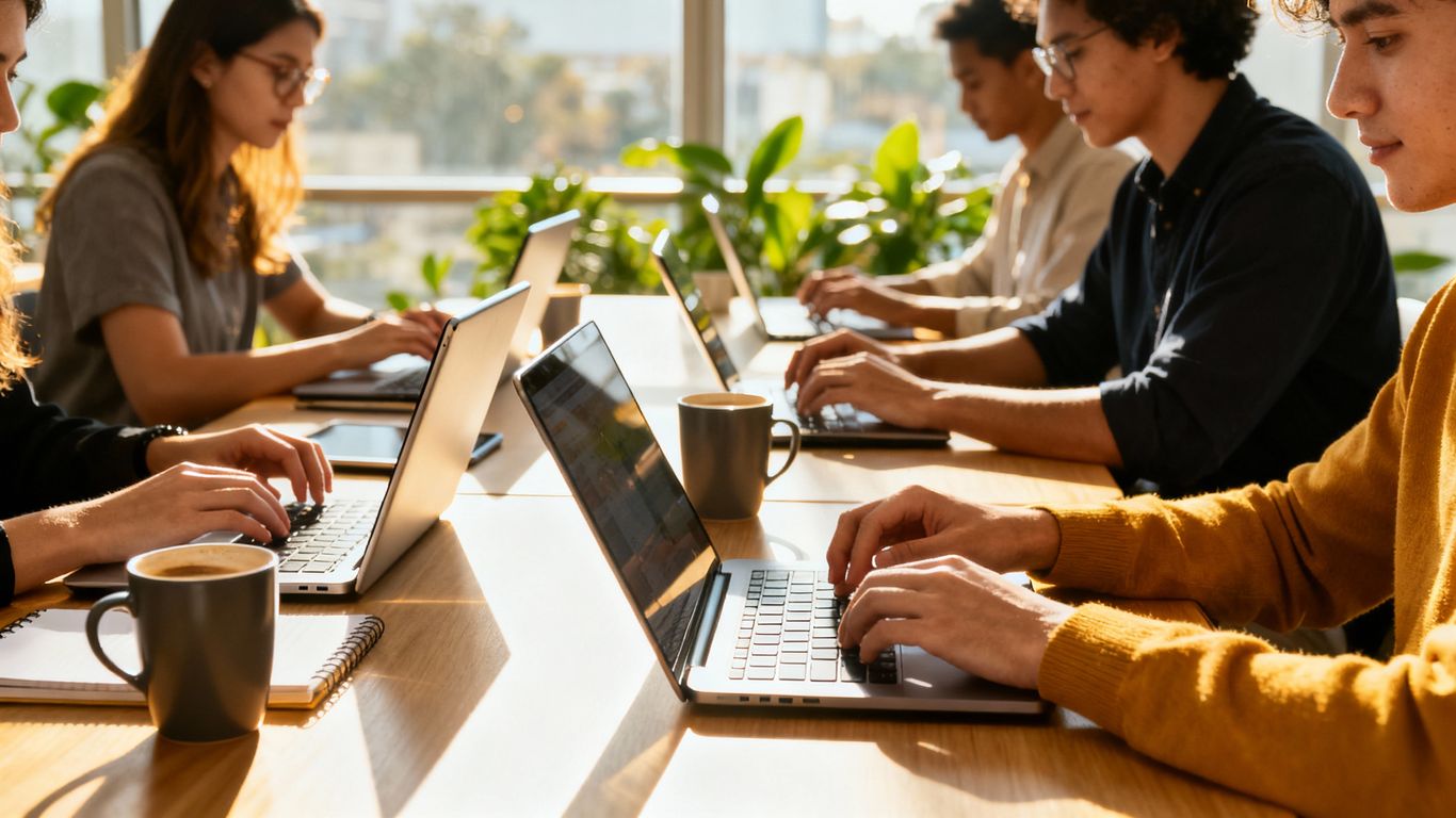 People using laptops in a modern coworking space