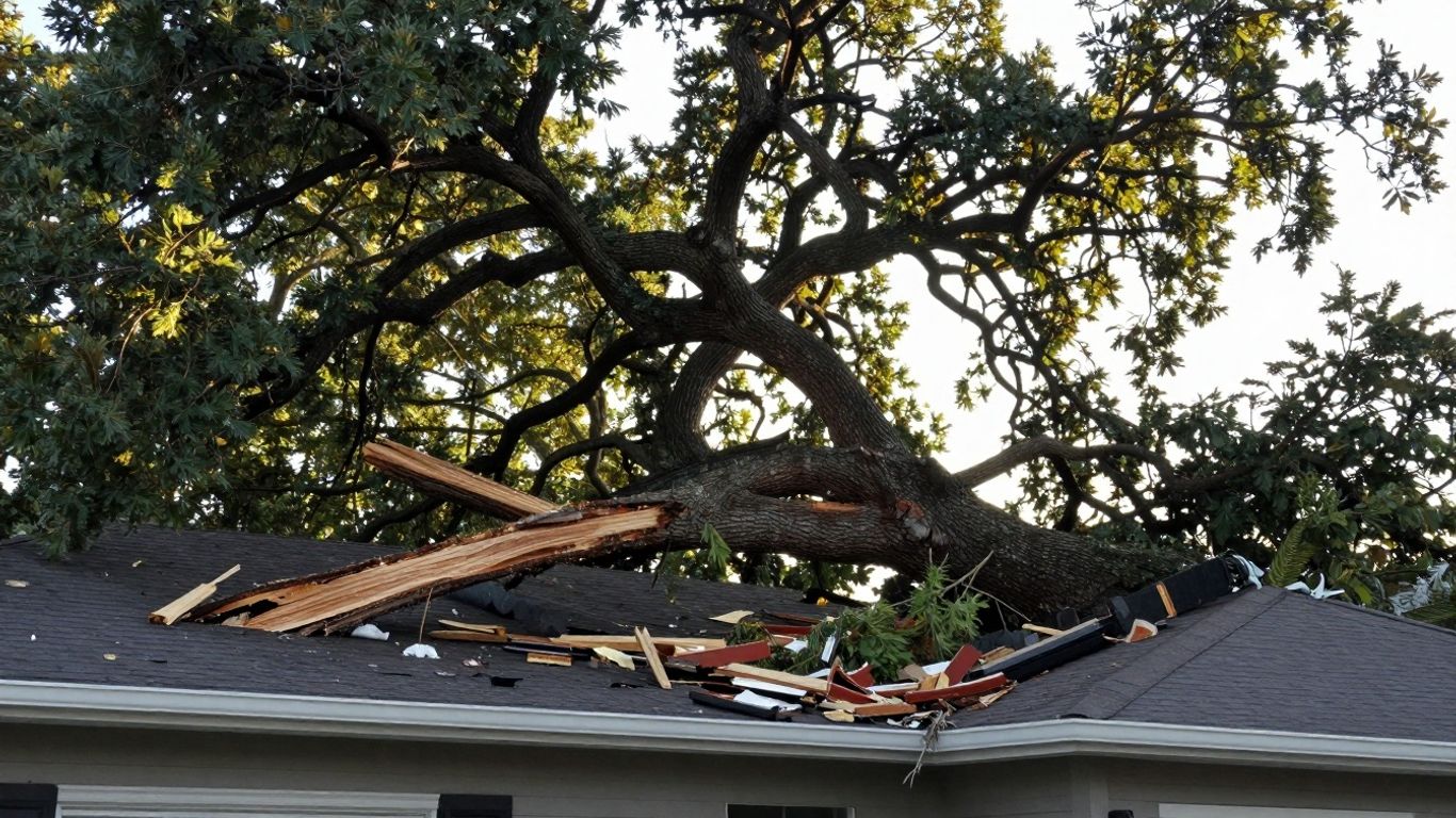 Storm damaged tree on a house