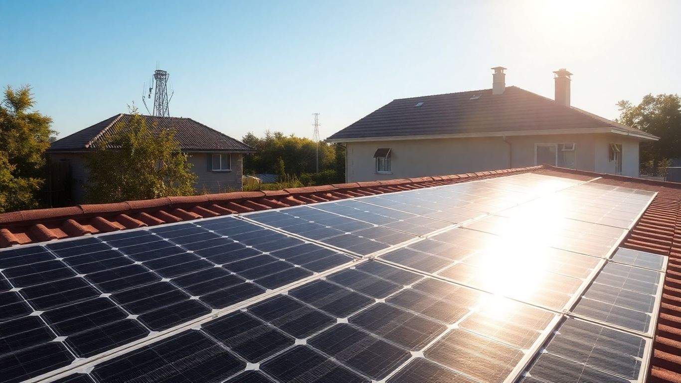 Solar panels on a sunny roof.