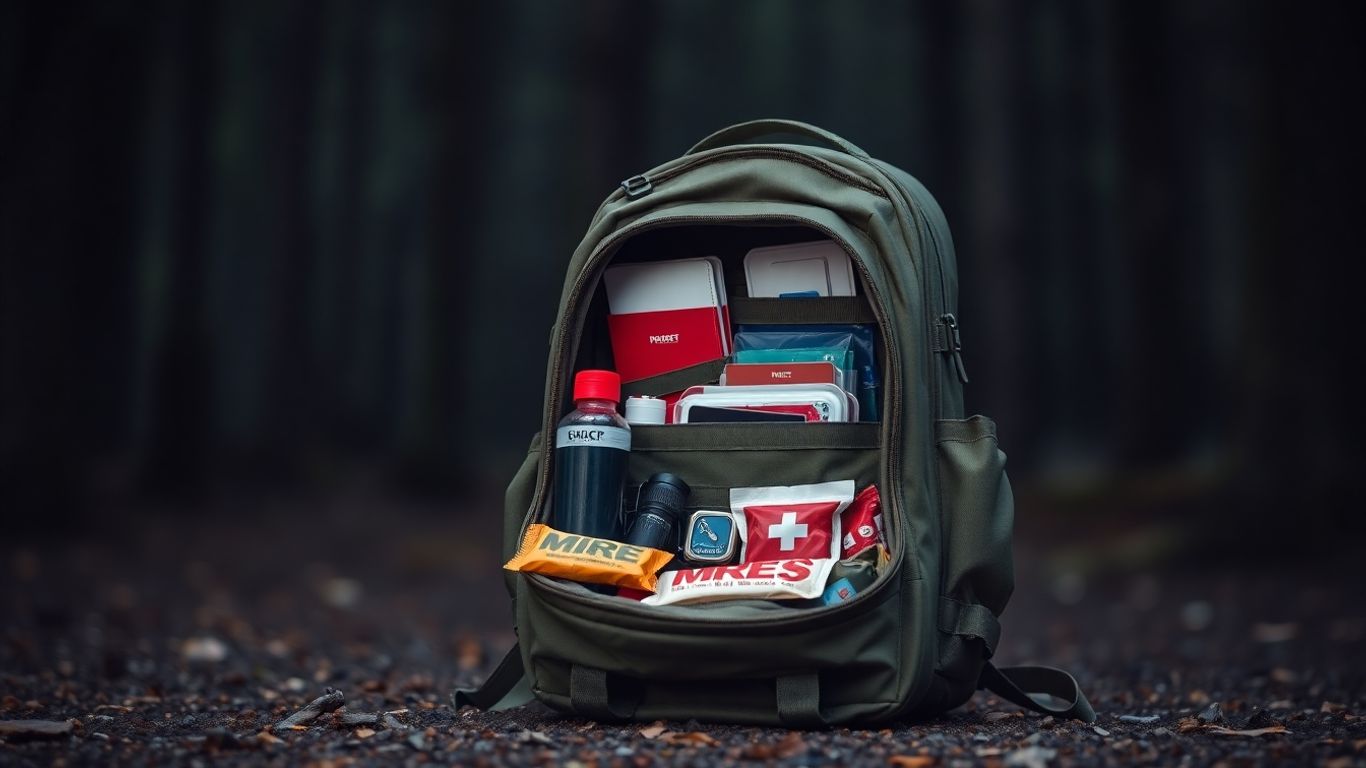 Otwarty plecak ucieczkowy z wyposażeniem survivalowym w lesie.