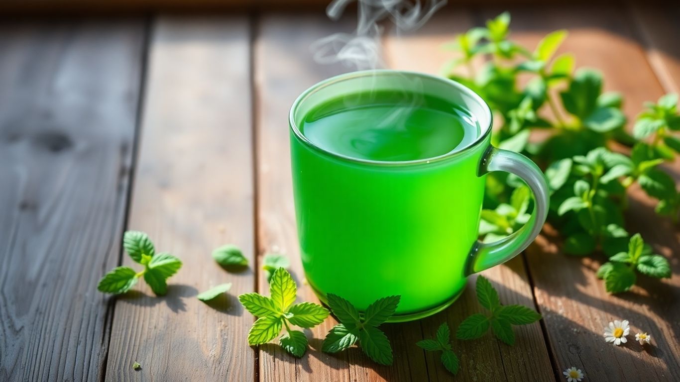 Steaming mug of peppermint tea with fresh leaves