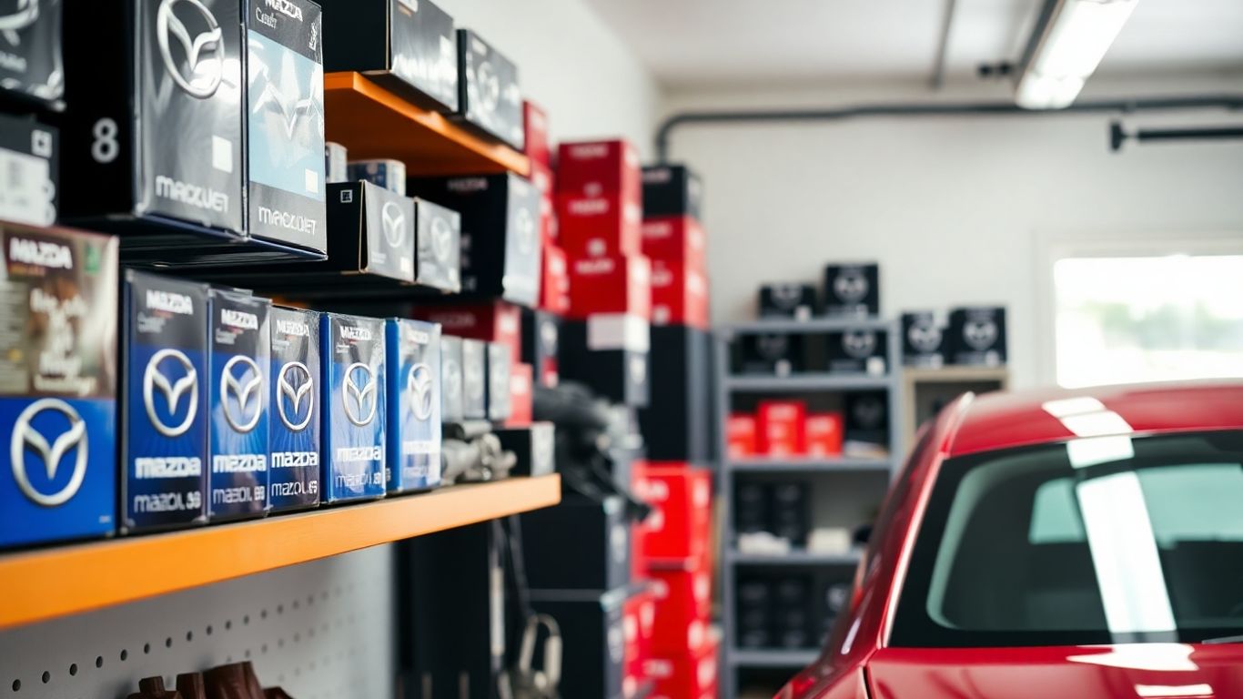 Genuine Mazda parts displayed in a clean garage setting.