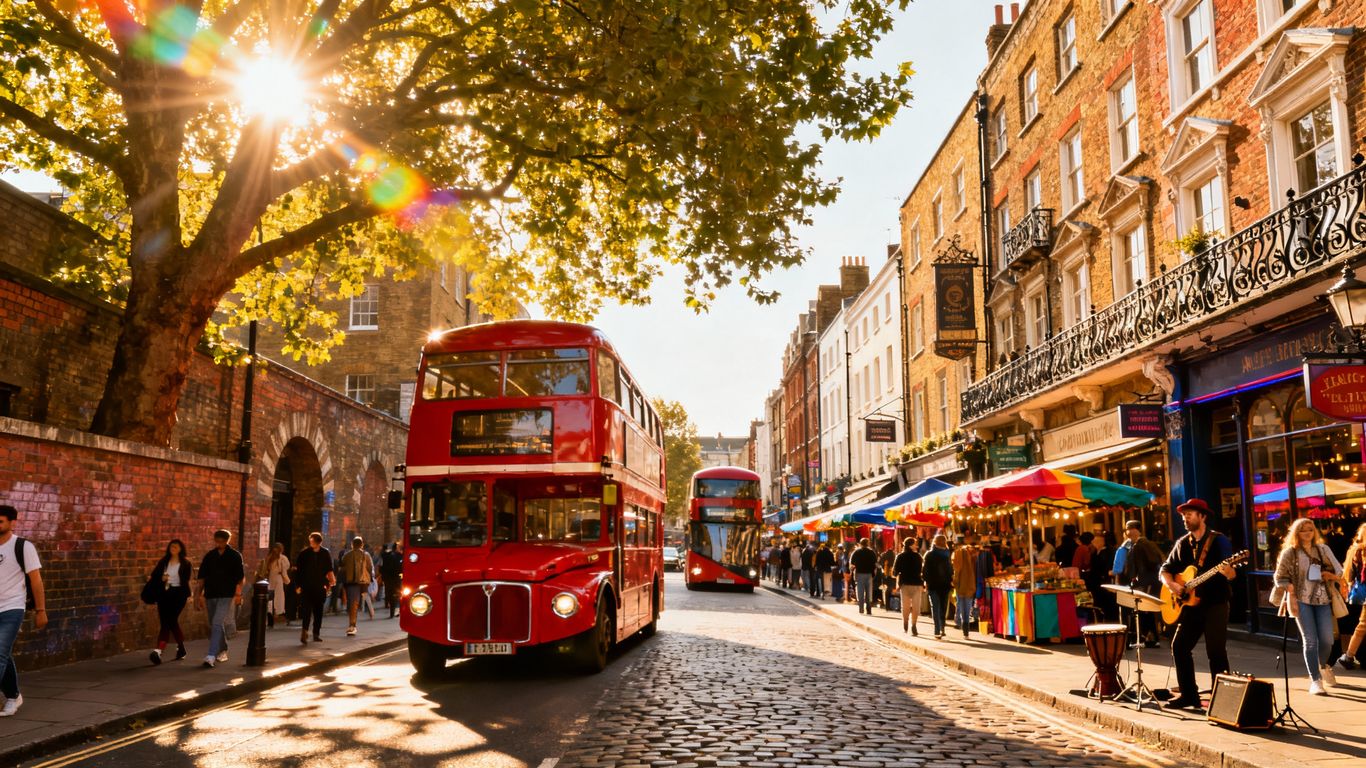 Camden Town street with red bus.