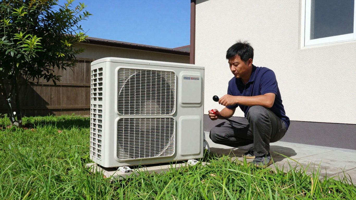 Homeowner inspecting an outdoor AC unit.