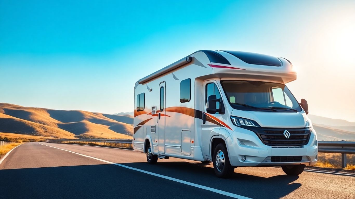 Motorhome on a scenic highway under a blue sky.