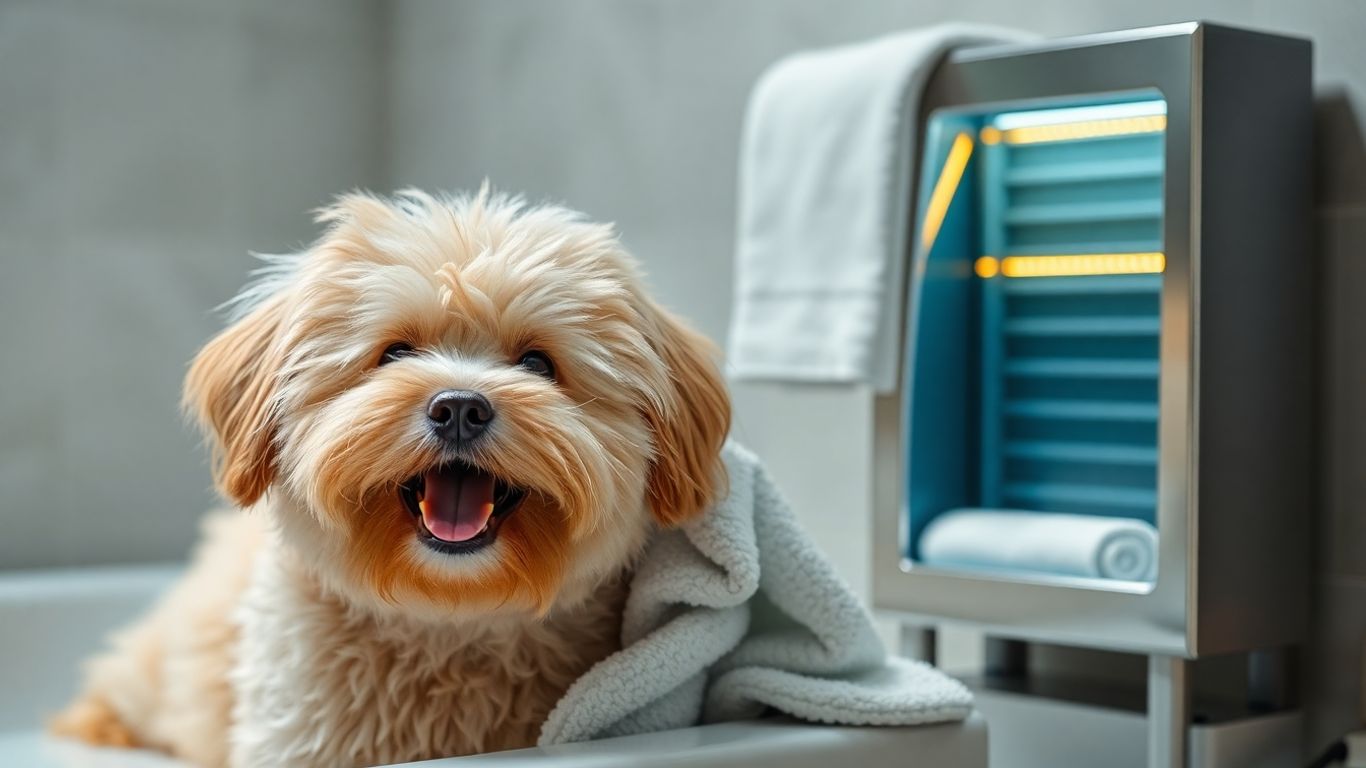 Dog enjoying a warm towel after grooming.