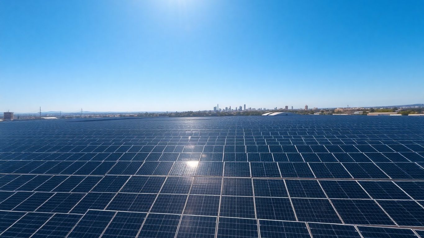 Vast solar panel array under a bright sky with city in distance.