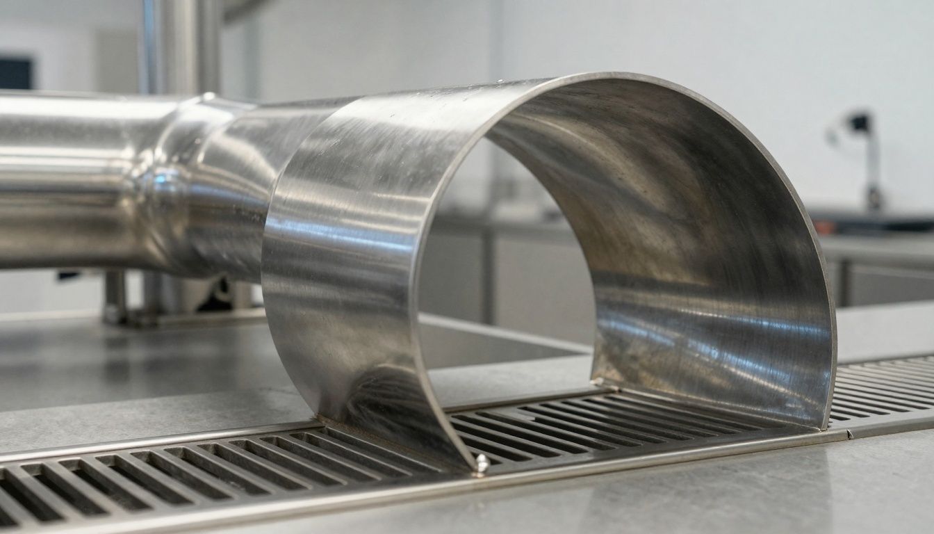 Close-up of a curved stainless steel drainage channel by Paige Stainless in a high-end Australian commercial setting