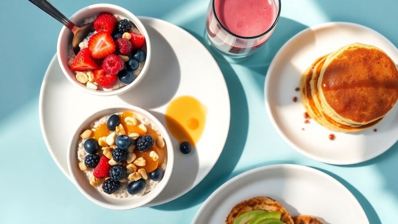 Healthy egg-free breakfast spread with oats, pancakes, and toast.
