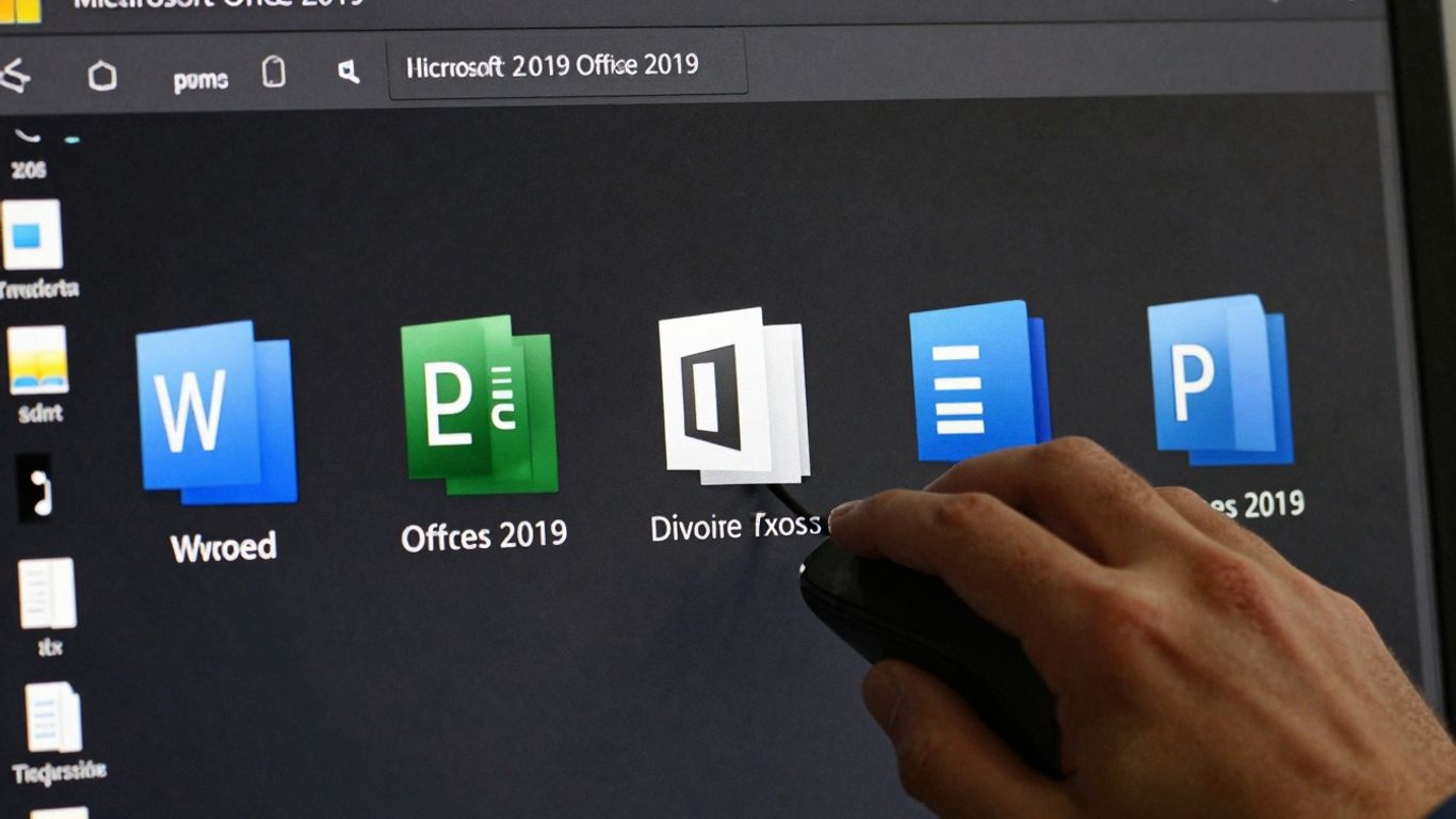 Pantalla de Office 2019 con iconos y mano usando el ratón.