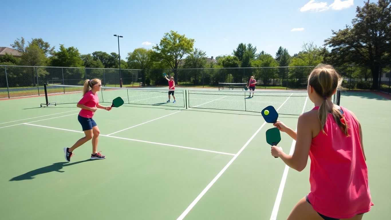 Pickleball game on a tennis court