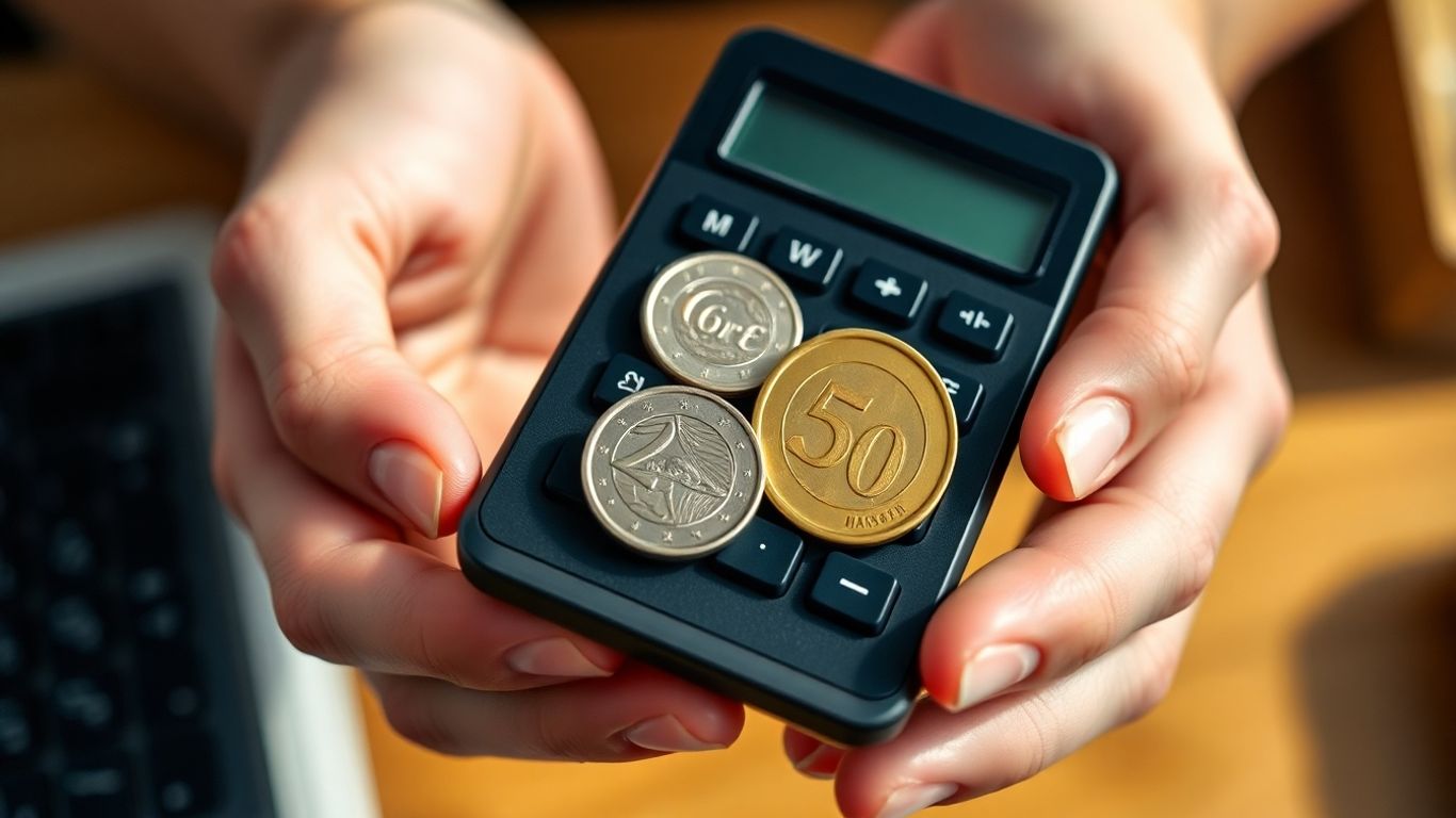 Mains tenant une calculatrice et des pièces en euros.