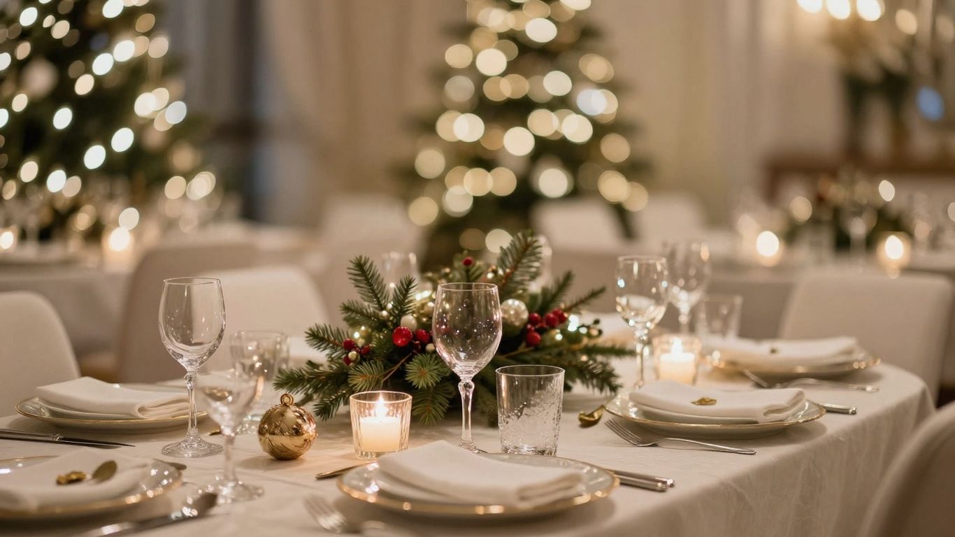 Festive holiday event venue with elegant decorations and twinkling lights.
