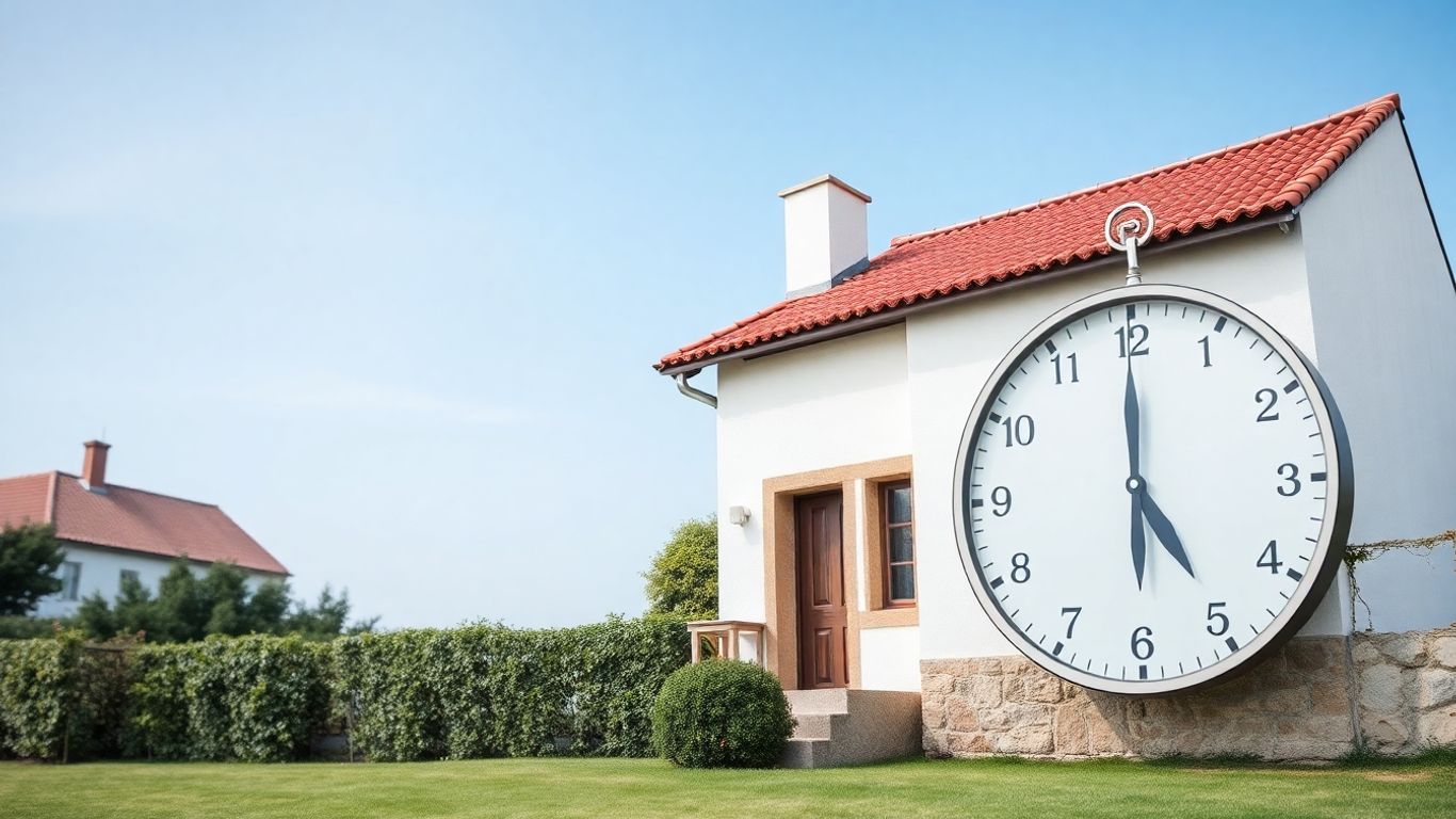 Portuguese house with clock and calendar indicating delays.