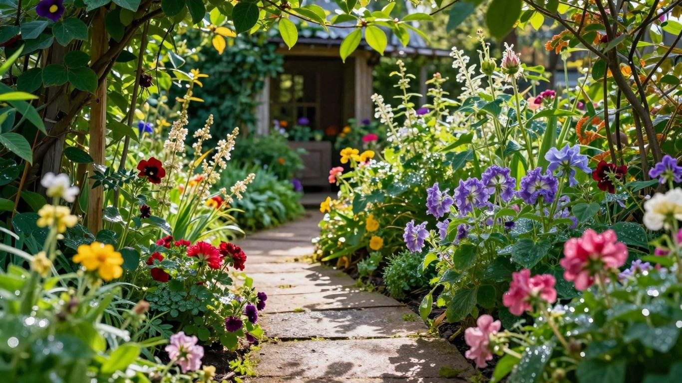Bloeiende tuin met pad en zonlicht