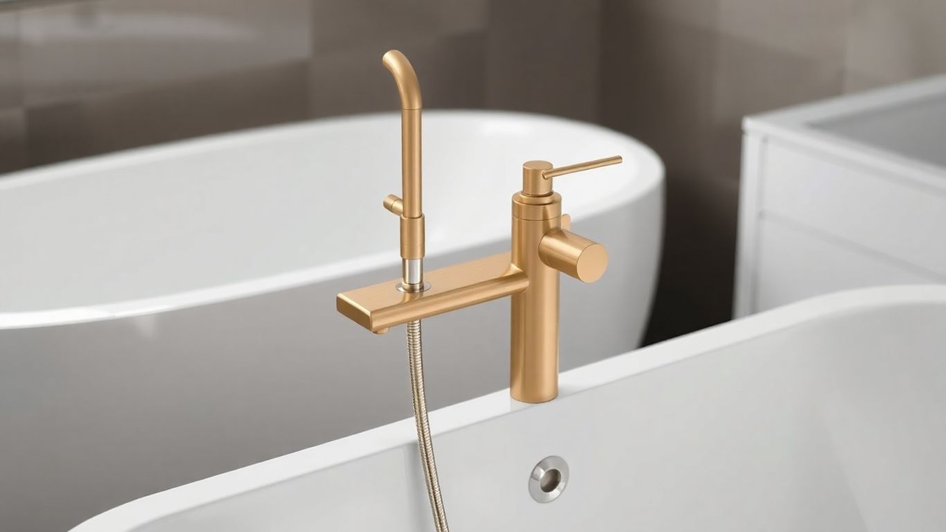 Brushed brass freestanding bath shower mixer tap