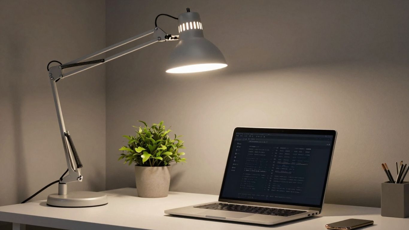 Clip-on desk lamp illuminating a modern workspace.