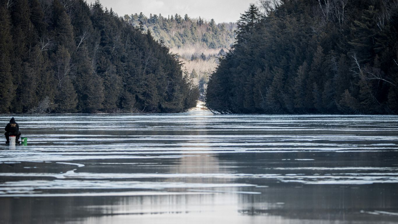 a person standing in a lake surrounded by trees