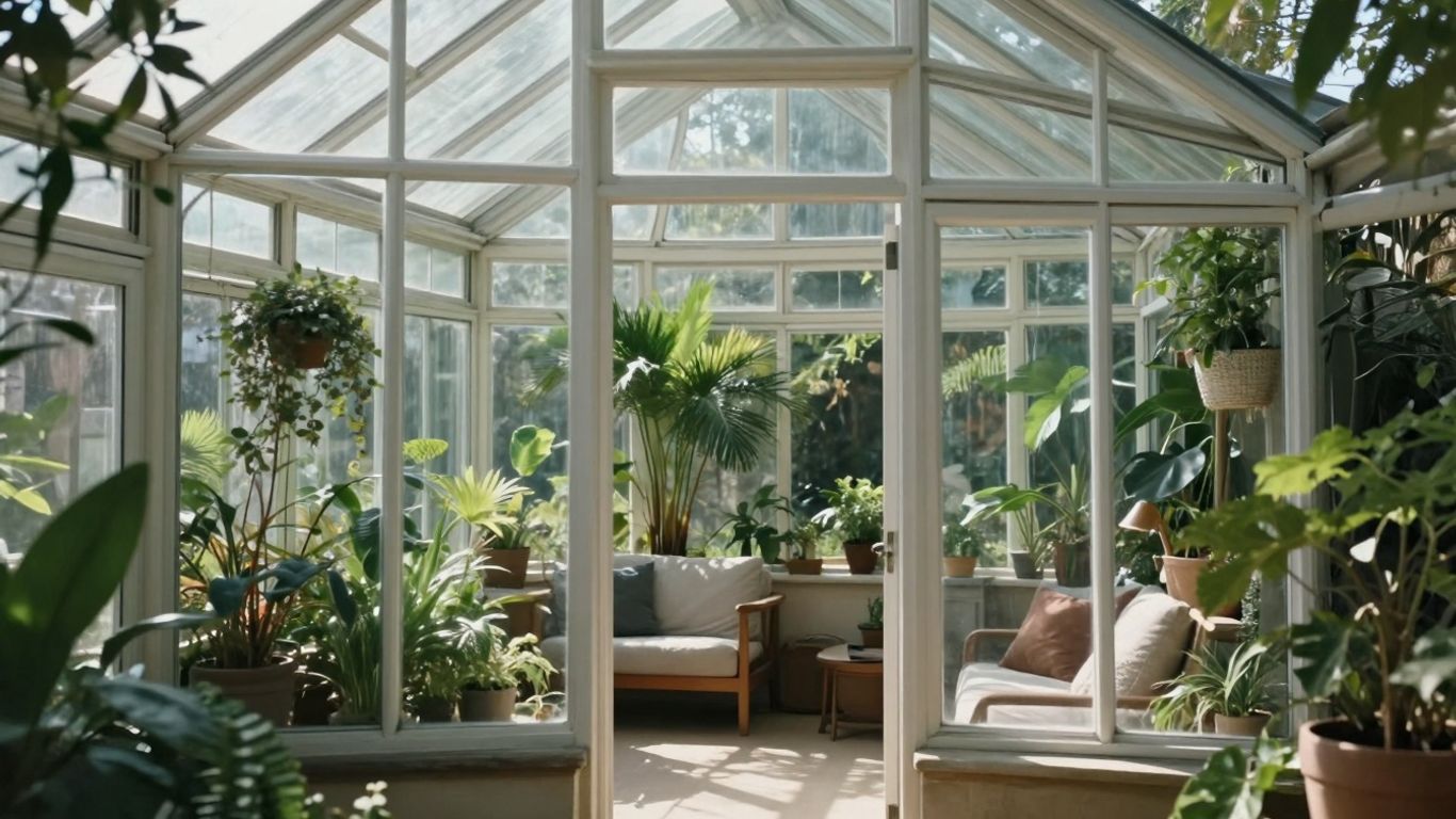 Wintergartenfenster mit Sonnenschein und Pflanzen