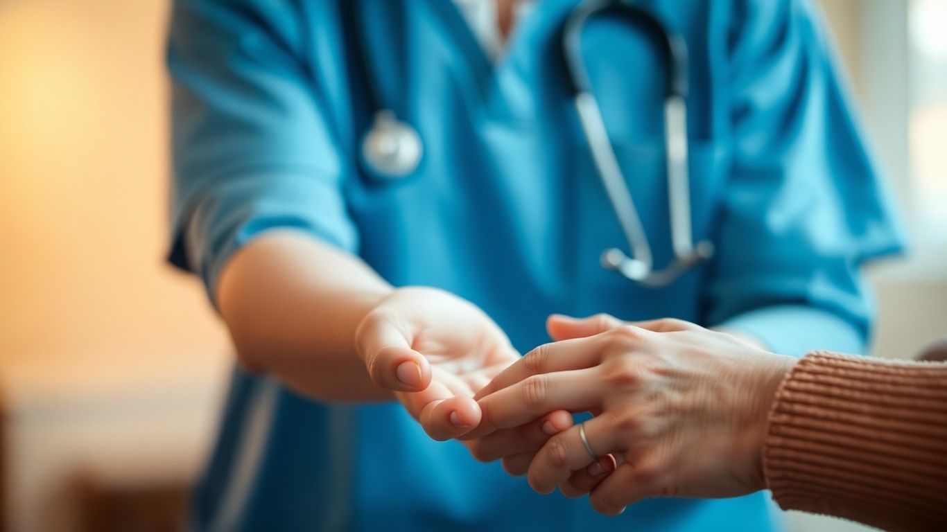 Healthcare worker holding patient's hand with care.