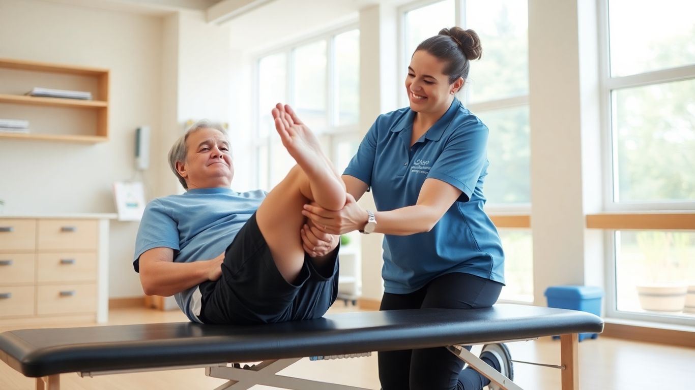 Pacient făcând exerciții de recuperare cu terapeutul