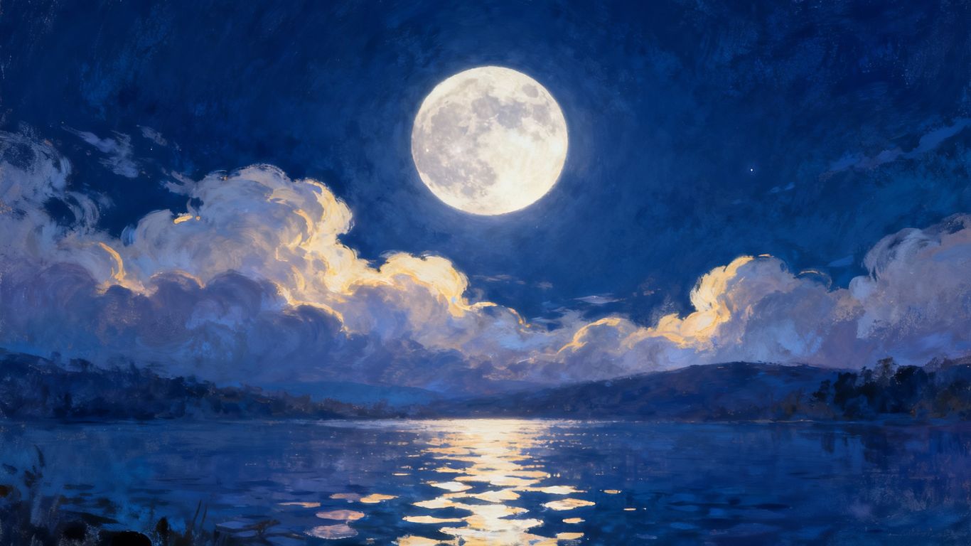 Moonlit sky over calm water reflecting moonlight.