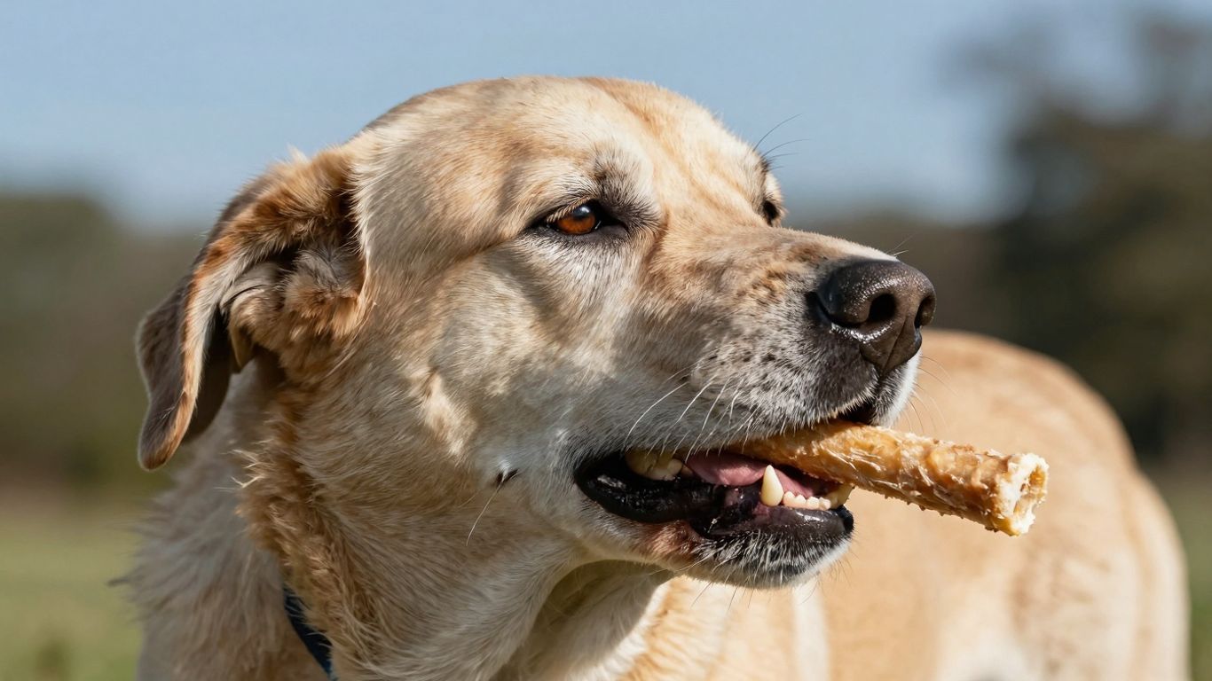 Senior dog enjoying a collagen stick for joint health.