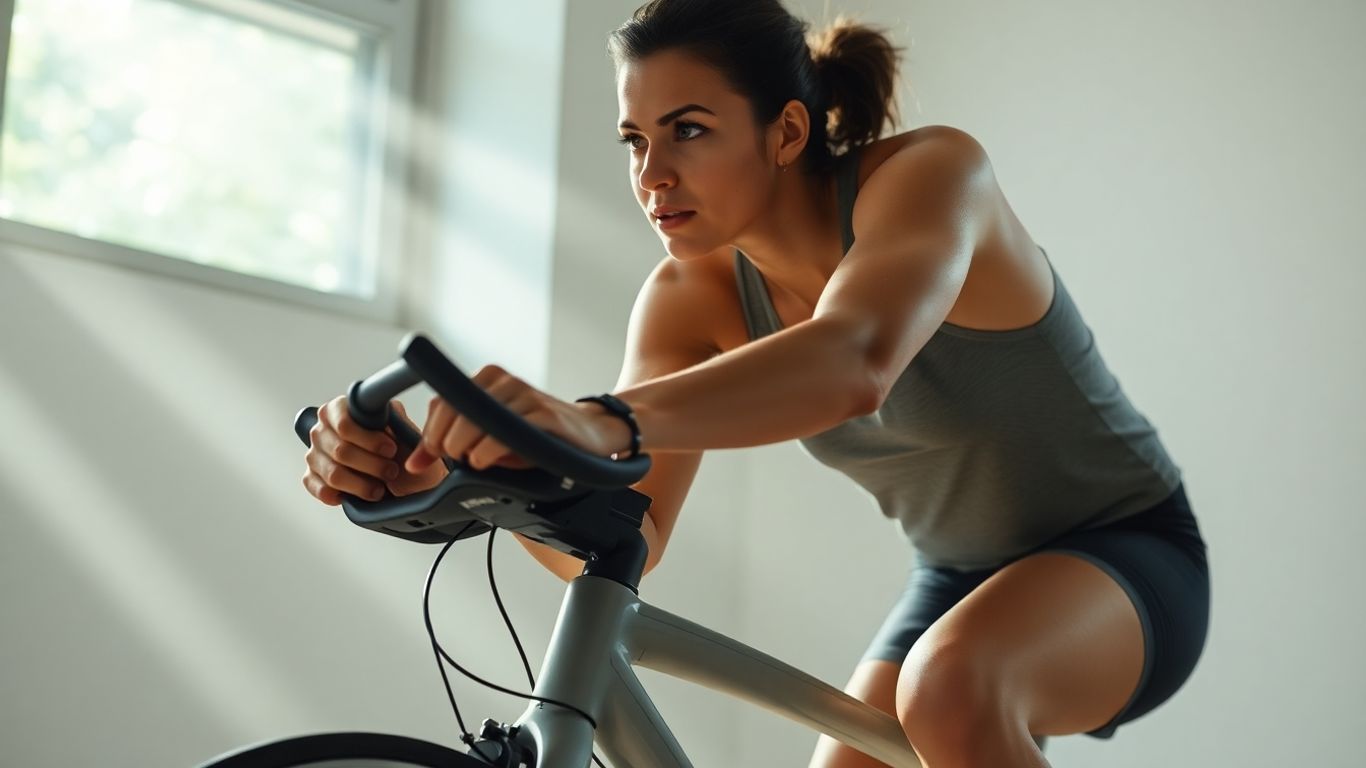 Person cycling indoors on a low impact bike.