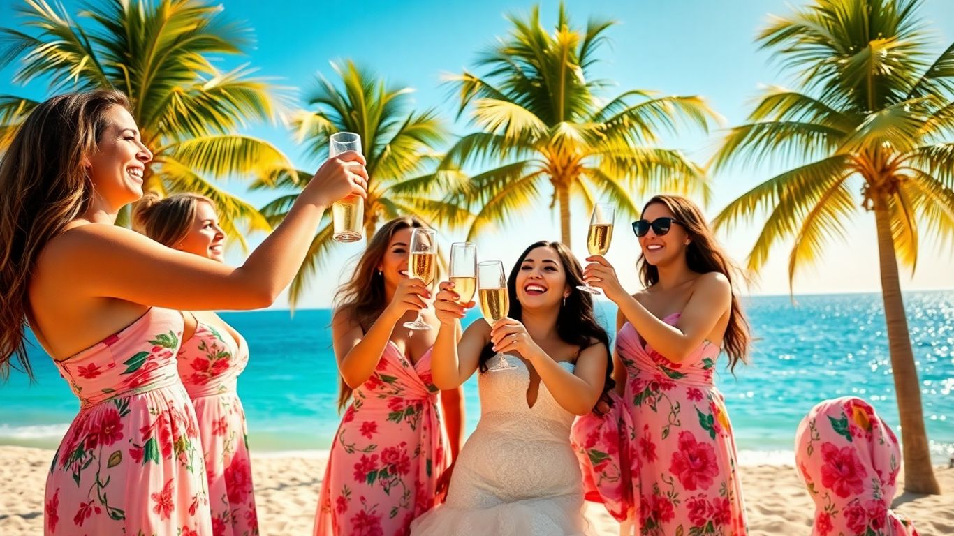 Cabo bachelorette party with bride and bridesmaids toasting champagne on beach.