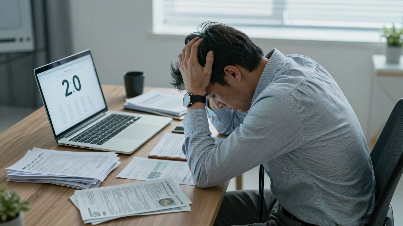 Antreprenor stresat cu facturi și laptop gol.