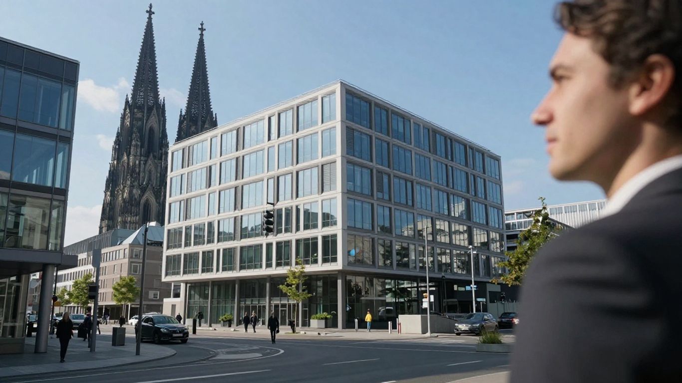 Kölner Skyline mit Geschäftsmann und Bürogebäude