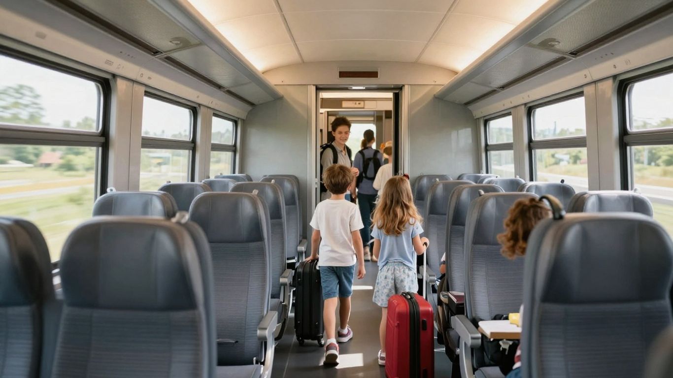 Family boarding a train for a summer vacation.