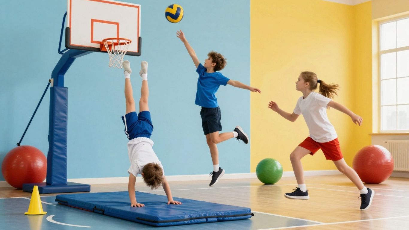 Children enjoying gymnastics, basketball, and running at Skylark Sports.