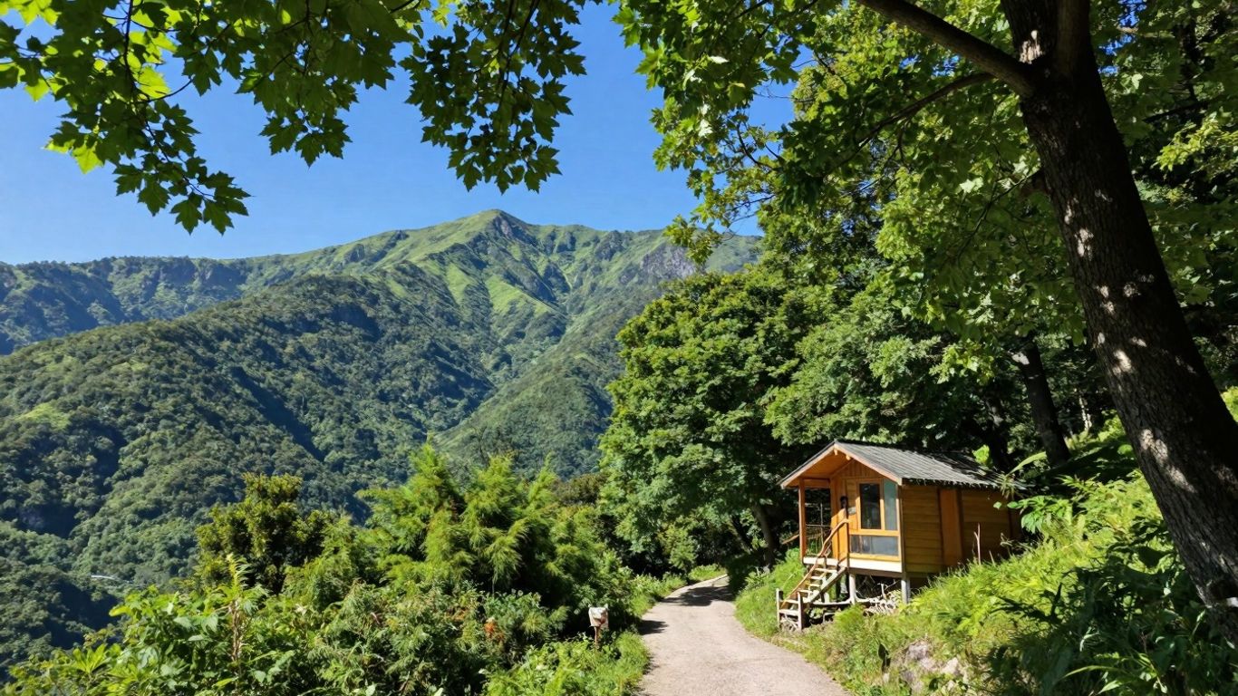 Peisaj montan verde cu o cabană ecologică.