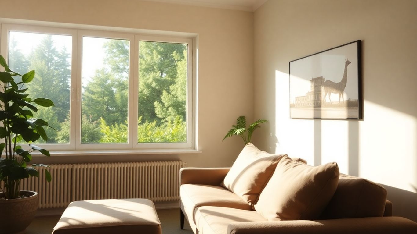 Sala de estar luminosa con sofá y jardín.